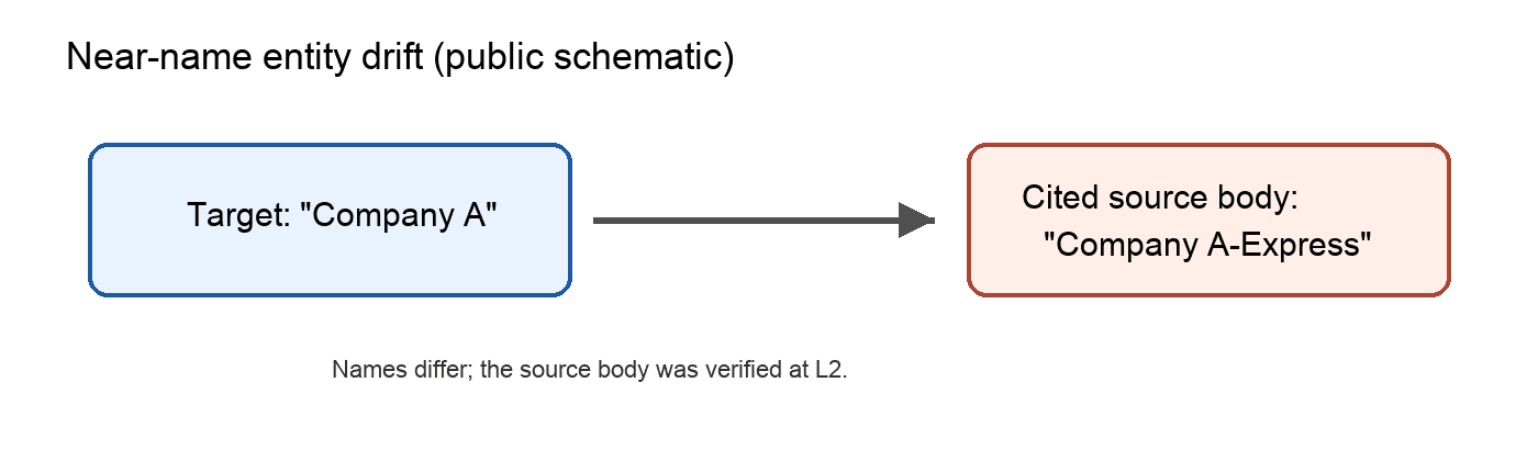 Schematic showing entity drift from the intended company to a near-name company in a cited source